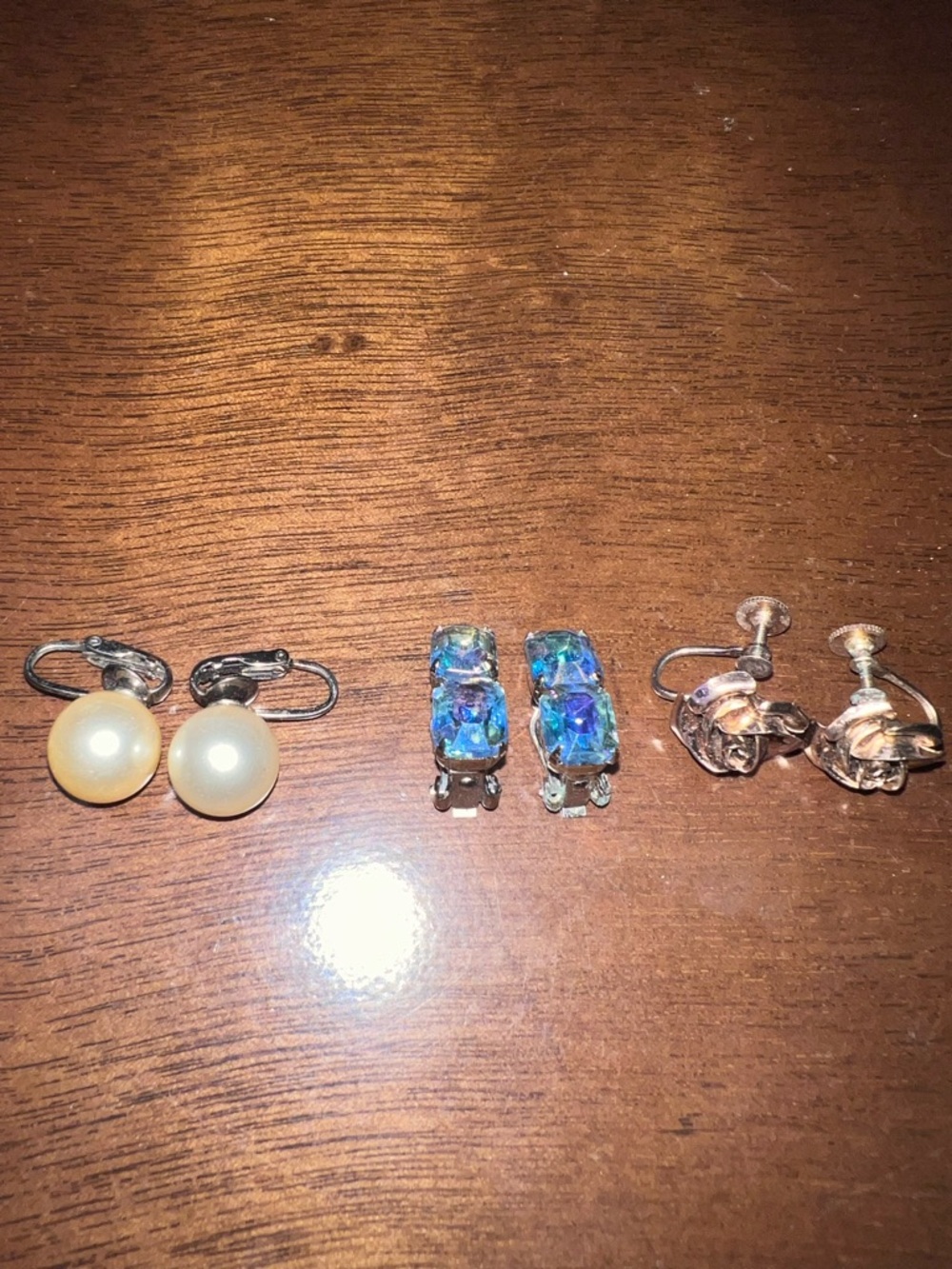 Vintage Faux Pearl, Aurora Borealis and Rose Clip-On Earring Trio